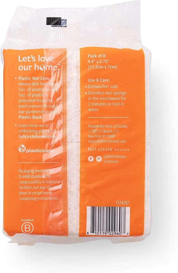 Full Circle 100% Plant-Based Cellulose Sponges – Pack of 8 – Plastic-Free, Natural Sponge, No Microplastics, Safe for Nonstick Cookware