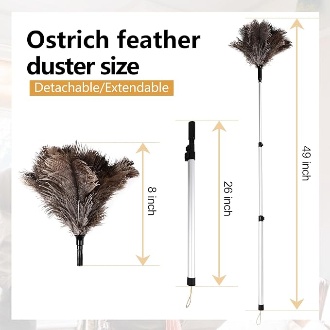 Extendable Ostrich Feather Duster 26-49 Inch, Natural Cleaning Duster with Aluminum Extension Pole Reusable for High Ceilings, Fans, Blinds, Furniture, Interior & Roof Dusting
