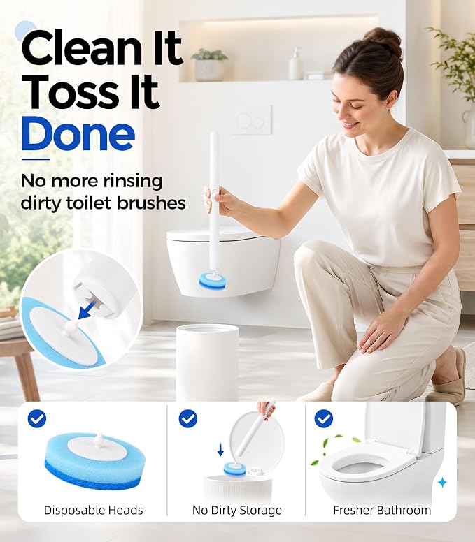 Disposable Toilet Brush and Holder Set with 48 Refills, Complete Toilet Bowl Cleaners System with Long Handle, Disposable Scrubber Heads & Storage Caddy for Bathroom Cleaning & Hard Water Stains