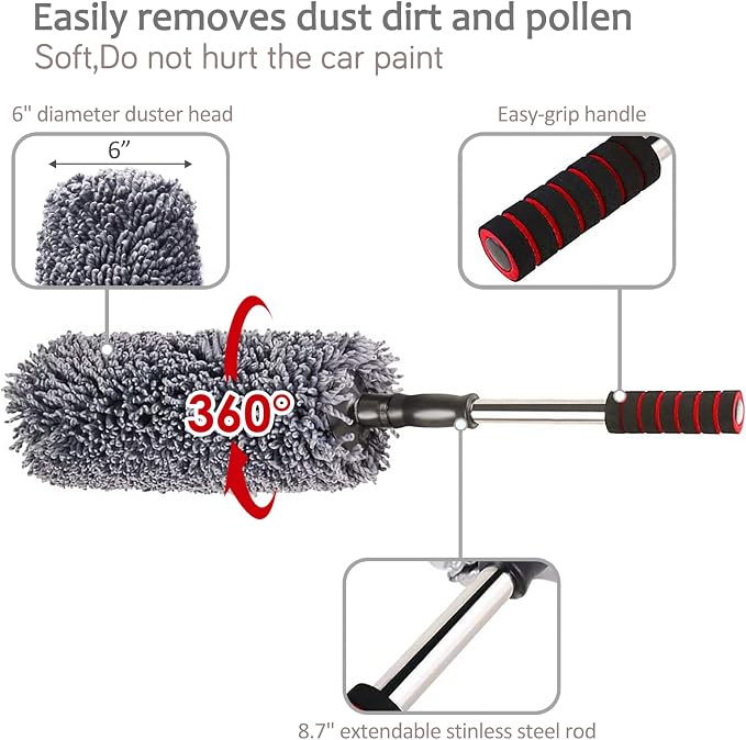 upra Ultimate Car Duster Kit，Best Microfiber Multipurpose Duster,Interior &Exterior Cleaning Tools,Dashboard Detailing Brush,Scratch Lint Free,Pollen Removing,extendable Handle,Tuck,SUV,RV,Set of 4