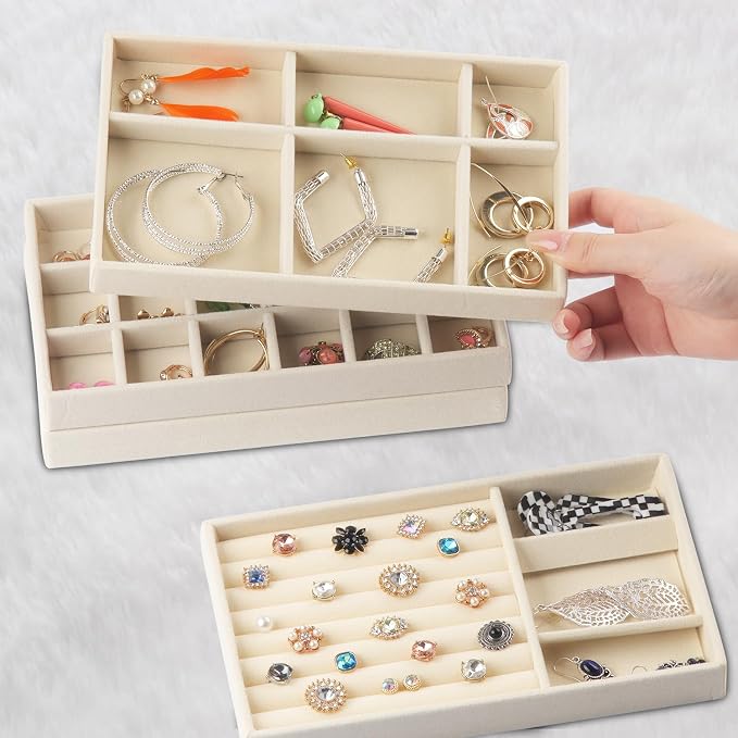 Jewelry Organizer Tray, Stackable Velvet Jewelry Trays, Jewelry Organizer for Drawer for Women, Jewelry Drawer Organizer for Rings, Necklaces, Set of 8 (Beige)