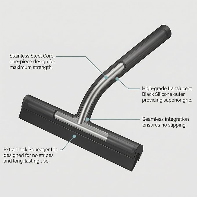 Shower Squeegee for Glass Doors, Mirror Window Tile Scrubber Cleaner with Hook Silicone (Black)