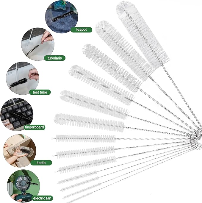 CiaraQ Bottle Cleaning Brushes, 8 Inch Nylon Tube Brush Set | White Cleaner for Narrow Neck Bottles Cups with Hook, Set of 13pcs, White