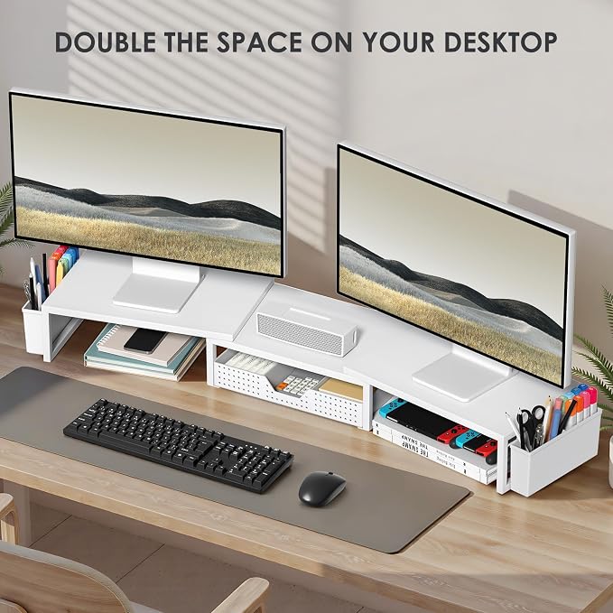OPNICE Desk Organizers and Accessories, Dual Monitor Stand Riser with Drawer and 2 Pen Holders, Desk Shelf Computer Racks for Office Workspace Organizers, Desktop Organization (White)