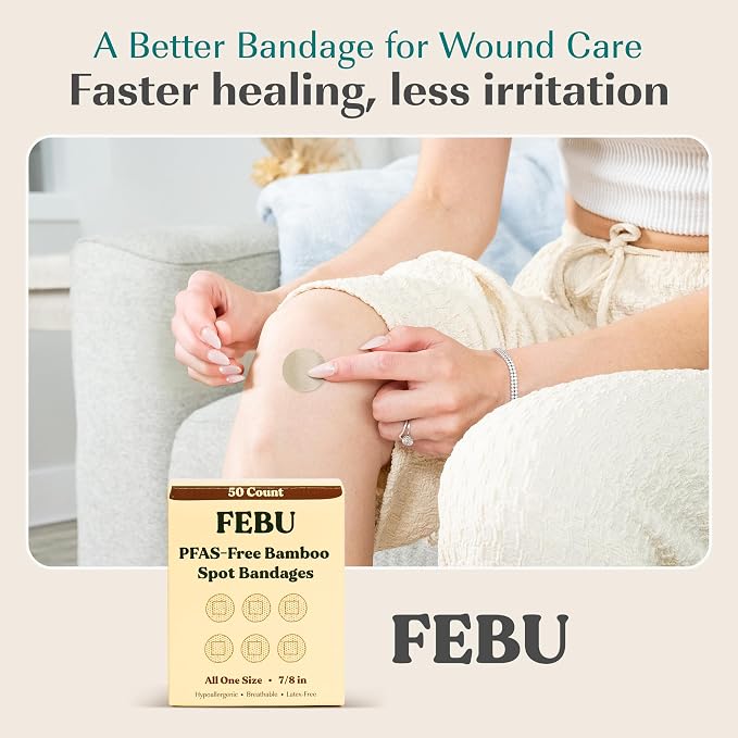 FEBU PFAS Free Bamboo Fabric Bandages, 50 Count Spot | Eco-Friendly, Flexible Fabric, Fully Compostable, Latex Free
