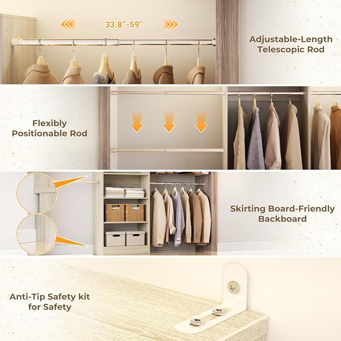 Homieasy Closet System, 4.5-11.5 Ft Expandable Closet Organizer with 5 Hanging Rods, Walk-in Wood Closet Organizer System with Storage Tower, Heavy Duty Garment Rack Wardrobe for Bedroom, Light Oak
