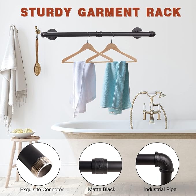 Wall Mounted Clothes Rack - 54"Industrial Pipe Clothing Garment Rack, Space - Saving Heavy Duty Detachable Black Iron Clothes Hanger Pole, Multi-Purpose Hanging Rod for Closet Storage, 2 Base