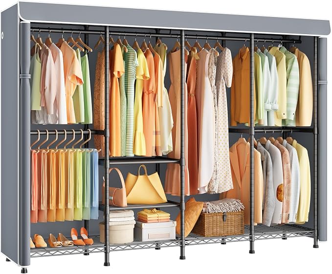 ULIFHOME Clothes Rack with Cover, Large Clothing Racks for Hanging Clothes | H41C Heavy Duty Garment Rack, Adjustable Shelves and Rods, Max Load 1150 Lbs, Black Portable Closet Rack with Gray Cover