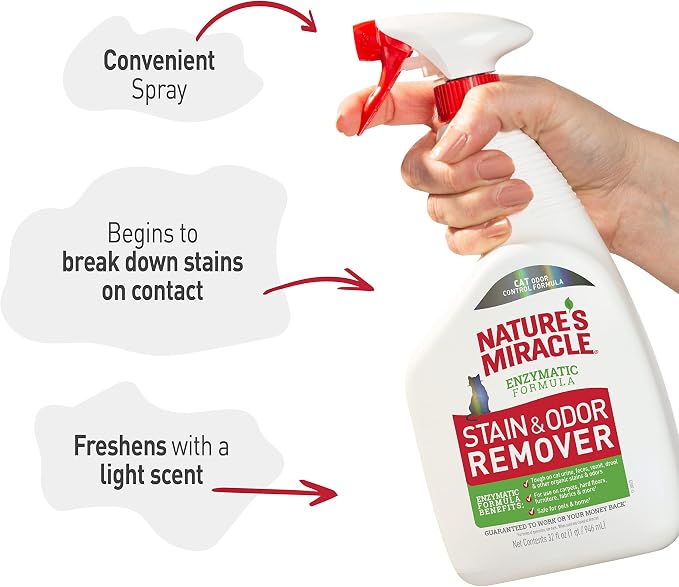 Nature's Miracle Cat Stain and Odor Remover With New Odor Control Formula 32 Ounce Spray | Tough on Cat Urine, Feces, Vomit, Drool and Other Organic Stains and Odors, For Multiple Surfaces, Fresh Scent