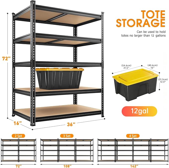 REIBII 2400LBS Storage Shelves 5 Tier Garage Shelving Heavy Duty, Adjustable Metal Shelving, Garage Shelves for Basement, Warehouse, Pantry, Closet, Kitchen 72" H x 36" W x 16" D, Black, 4 Pack
