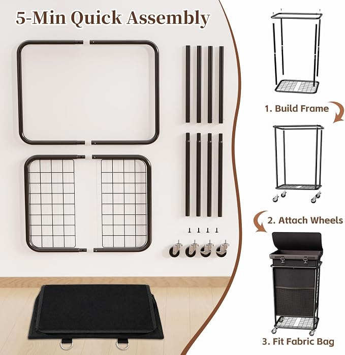 Laundry Hamper with Wheels and Lid, 150L Large Rolling Laundry Basket Black | Heavy Duty Clothes Organizer, Sturdy Metal Frame, Lockable Swivel Casters, Removable Bag, For Bedroom, Bathroom, Laundry Room