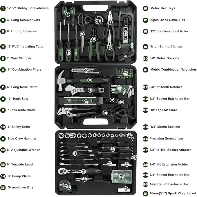 Prostormer 269-Piece Tool Set, Full Household Tool Kit, Green | Essential Tools for Home, Auto, Mechanics, Daily Repair Works, with Upgraded Tool Box
