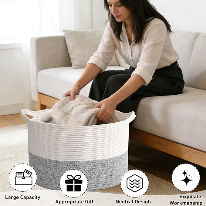 65L Large Woven Cotton Rope Blanket Basket with Handles, Laundry Hamper Storage Bin for Pillows, Comforters,Clothes, Bedroom and Living Room Organization,White&Grey
