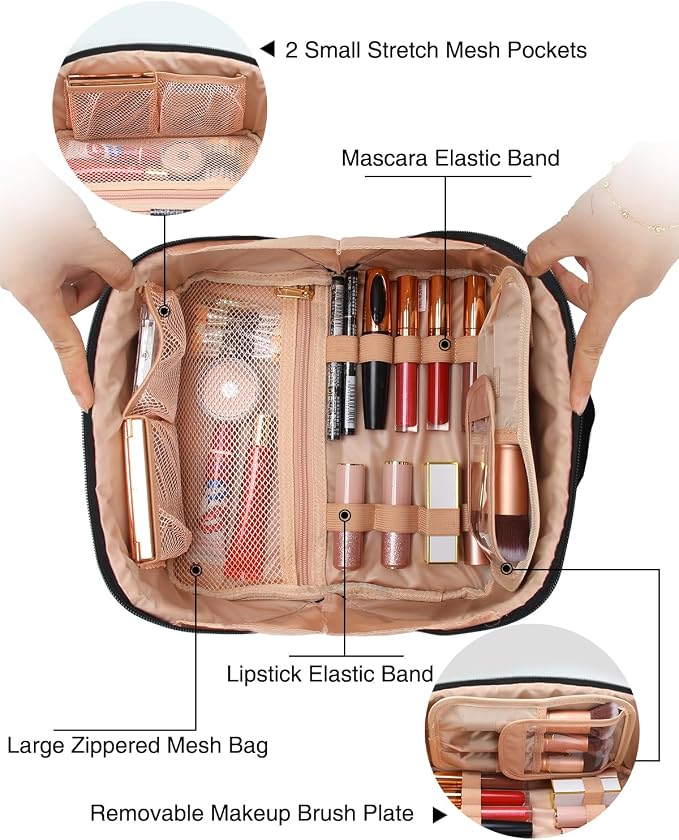 Relavel Travel Makeup Bag for Women, Large Wide-open Cosmetic Organizer | Waterproof, Portable, Separate Makeup Brush Board, Wide Open Flat