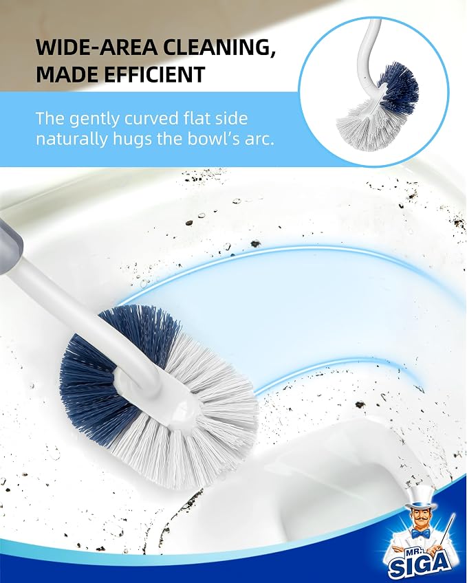 MR.SIGA Toilet Brush with Holder, Under Rim Toilet Bowl Brush with Curved Design for Hard to Reach Corners, 16.2 inch(41.1cm) Long Handle, White & Gray, 1 Pack