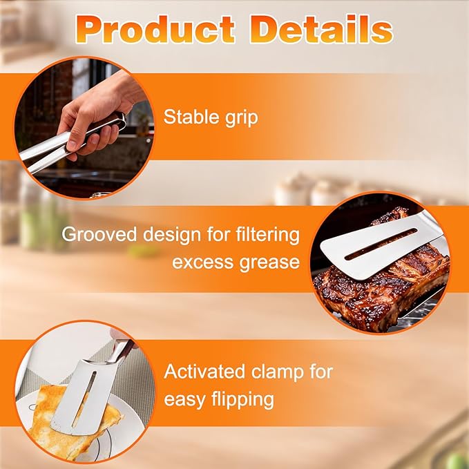 2PCS Mix Stainless Steel Grill Clamp Spatula, Multi-Functional Anti-Scald Extended Handle Spatula Tong, Barbecue Clamp Food with Non-Slip for Picking Up Food, Grilling Meat, Fish and Pancakes