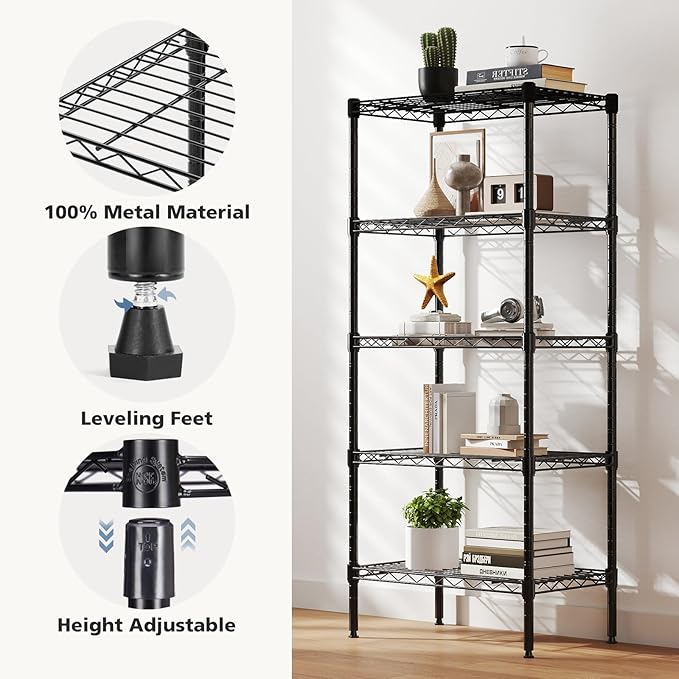 NEWBULIG 5-Tier Metal Wire Storage Shelves, Adjustable Heavy Duty Steel Shelving Unit, Freestanding Storage Rack Organizer for Kitchen, Pantry, Garage, Bathroom, 23.2" W x 13.4" D x 59.8" H, Black