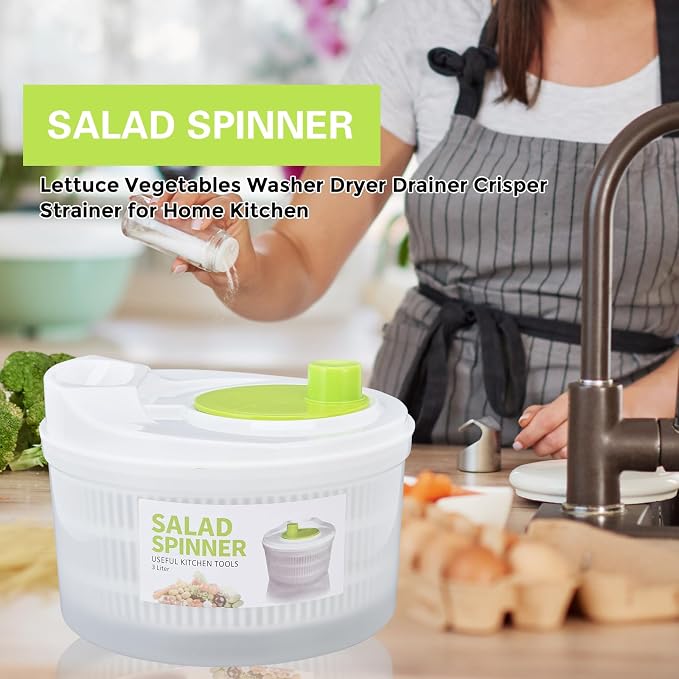 3L Salad Spinner,Fydun Versatile Lettuce Dryer with Colander & Bowl, for Berries, Fruits, and Veggies, White & Green