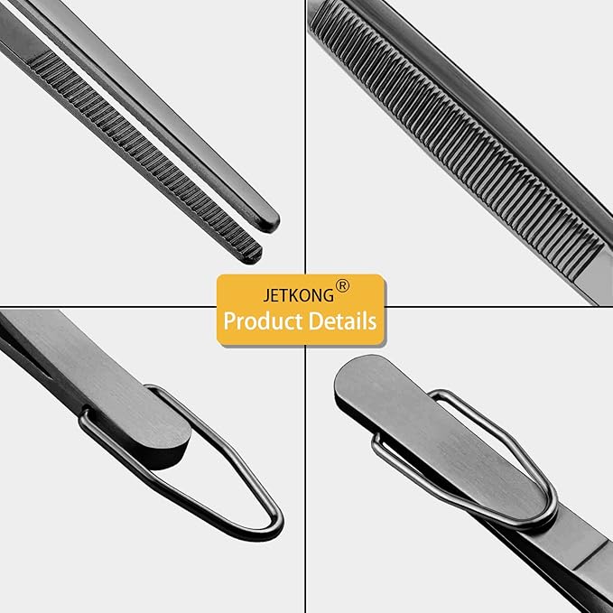 JETKONG Kitchen Tweezers Stainless Steel Food Tweezers Professional Chef Tweezer Kitchen Tools, Set of 3 (7 9 12 Inch, Black)