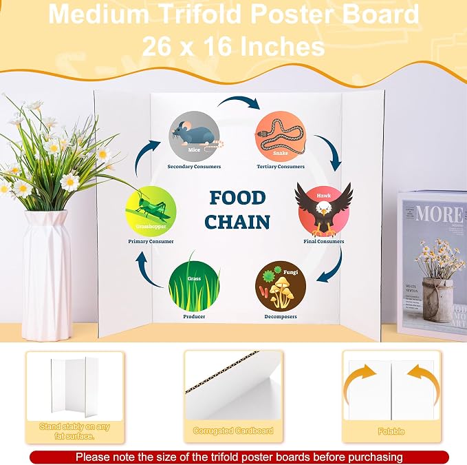AKONEGE 4PCS White Trifold Poster Board 26"x16" for Display & Presentation | Small, Corrugated Cardboard, Display Board, Presentation Board, Ideal for School Project, Science Fair, Business Exhibition
