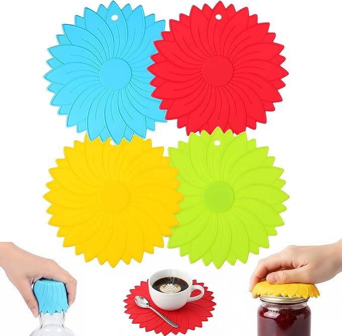 4 Pack Silicone Jar Opener Gripper Pads, Non-Slip Grippers for Opening Jars, Easy-Twist Jar Openers for Weak Hands and Seniors, Dishwasher Safe, Heat Resistant (Vibrant Colors)