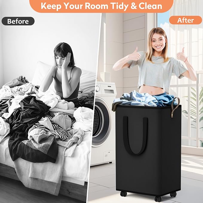 SpaceTrove Rolling Laundry Basket with Wheels, Laundry Hamper, 100L, Black | Collapsible, 4 detachable wheels including 2 with brakes, sturdy handle, metal frame, for dorms, bathrooms and bedrooms