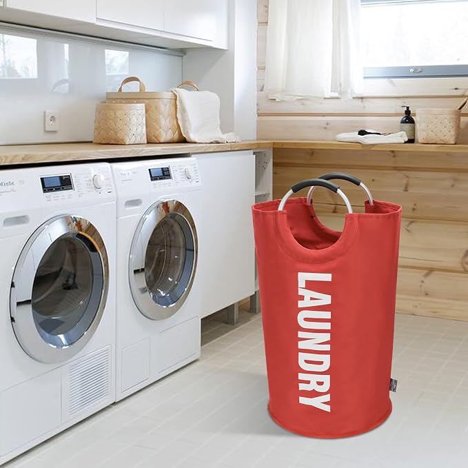 DOKEHOM 90L Large Laundry Basket Bag, Collapsible Tall Hamper, Red | Freestanding tall washing bin & foldable laundry bag. High-capacity clothes storage basket with durable sturdy handles
