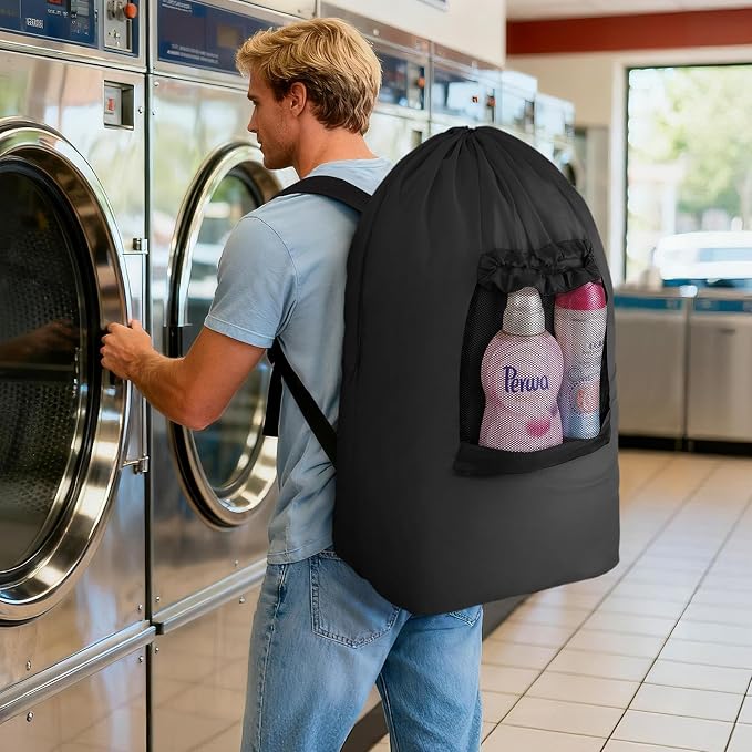 Lifewit Laundry Bag Backpack Travel, 90L, Black | Extra Large Bag with Shoulder Straps and Mesh Pocket for Laundromat, Heavy Duty Basket for Dirty Cloth College Dorm Apartment