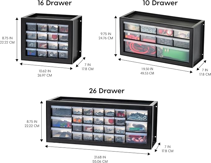 IRIS USA 16-Drawer Small Drawer Organizer, Garage Desk Storage, Black | Wall mountable, Stackable Teacher Toolbox, Beads, Building Bricks, Water Packets, Screws, Hardware