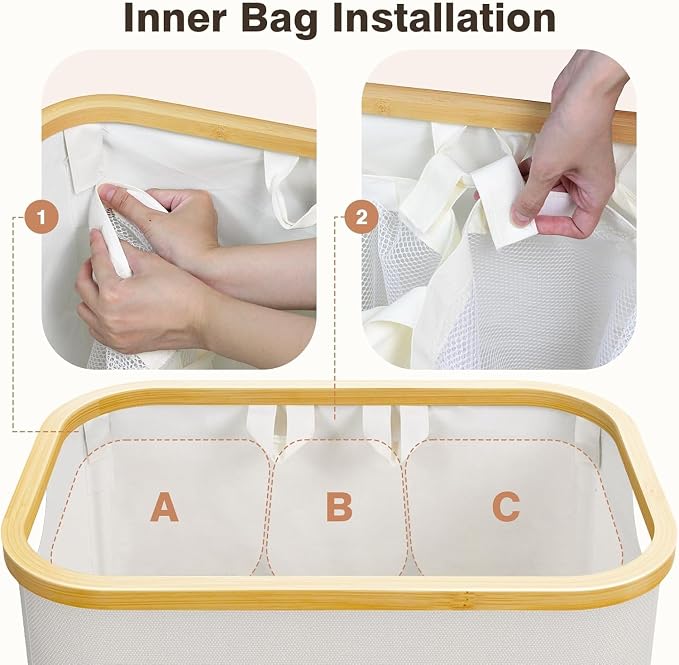 Hampers for Laundry Basket with Lid, 160L Large Laundry Hamper 3 Section | Dirty Clothes Hamper Separator with 3 Removable Bags & 5 Labels, Divided Laundry Organizer for Bedroom, Laundry Room, Beige