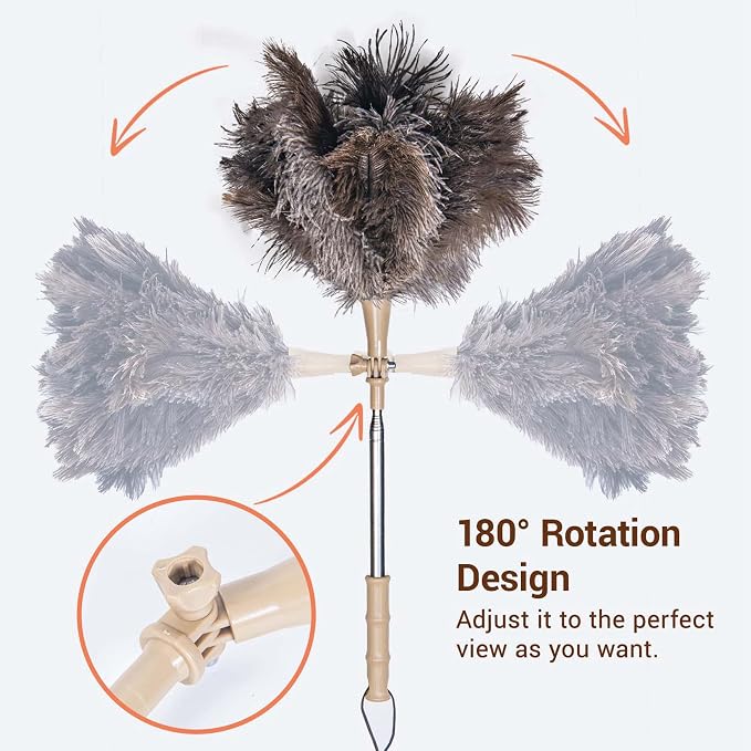 Extendable Ostrich Feather Duster, Natural Ostrich Feathers Long Handle Duster for Cleaning, 47” Soft & Fluffy Feather Duster for High Ceilings, Fans, Walls, Furniture, Home Dusting(A11-Ivory)