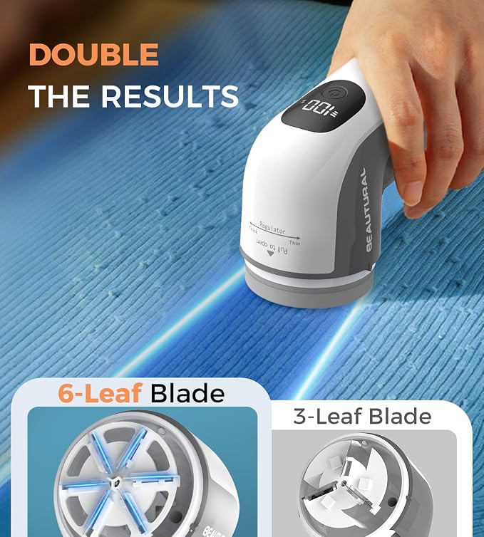 BEAUTURAL Fabric Shaver and Lint Remover, Portable Sweater Defuzzer | Rechargeable, 3 Speeds, 6 Leaf Blades, Digital LED Display, Remove Pilling for Clothes, Furniture, Couch, Blanket