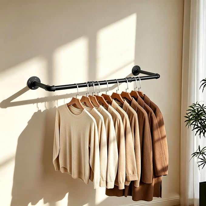 Industrial Iron Pipe Clothes Hanging Bar DIY Wall-Mounted Garment Rack Heavy Duty Clothing Rack for Bedroom, Laundry Room, Closet Storage (Black 36 inch)
