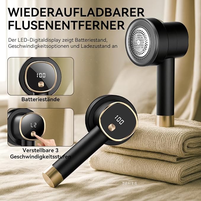 Rechargeable Fabric Shaver for Clothes: 6-Leaf Blades & 3 Speeds to Remove Pilling, Fuzz & Lint Balls - with LED Display, Portable Electric Lint Remover for Sweater, Couch, Blanket, Furniture