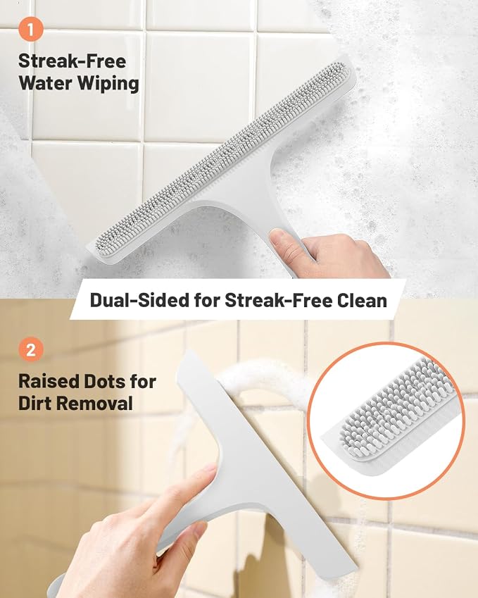 2-in-1 Silicone Shower Squeegee with Hook,Dual-Sided Design with Scraper & Scrub Surface,Streak-Free Bathroom Squeegee for Glass Doors,Mirrors,Windows,Car Windshields (White)