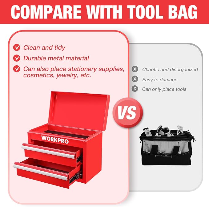 WORKPRO Metal Mini Tool Box with 2 Drawers and Top Storage | Cold Rolled Steel Toolbox, Ball Bearing Slides, PVC Drawer Liners, PP Feet Pads, Durable Storage