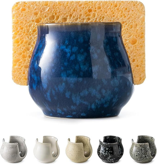 Zoeeker Ceramic Sponge Holder, Kitchen Sink Scrubby Caddy Organizer Dish Sponge Dish Rack for Scrubbers, Bathroom, Sink, Blue