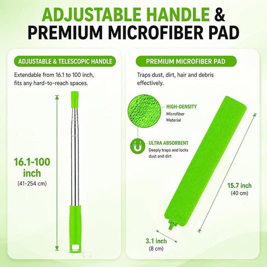 Retractable Gap Dust Cleaner with Extension Pole & 3 Microfiber Cloths | Cleaning Tools with 3 Microfiber Dusting Cloths | Long Handle Duster 30-100'' | Under Refrigerator Furniture Appliance Green