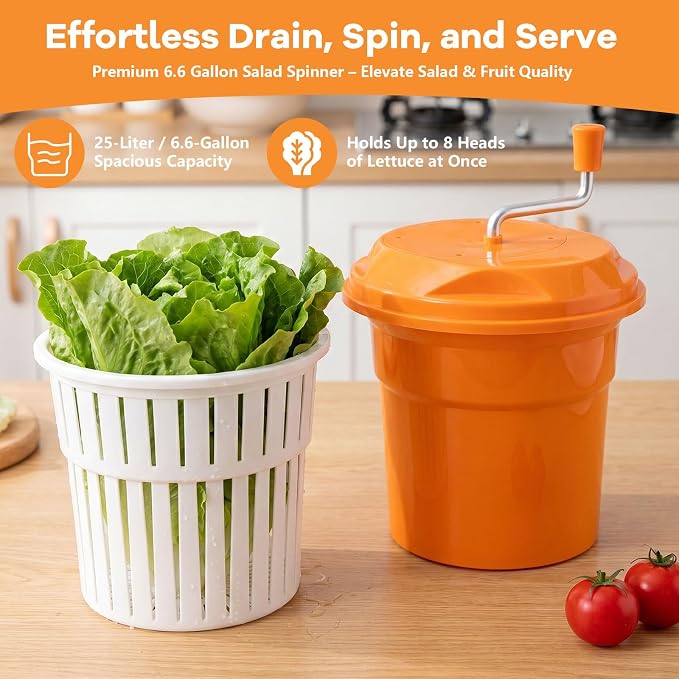 6.6 Gallon Large Commercial Salad Spinner, Salad Dryer with Draining Hose, 26 Qt Manual Lettuce Dryer for Washing, Spinning & Draining, Holds 7 Heads of Lettuce for Restaurant Kitchen Prep