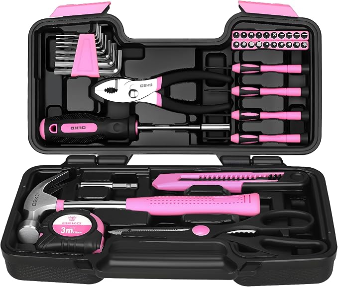 DEKOPRO 39-Piece Pink Household Tool Kit for Women, Basic Hand Tool Set with Plastic Toolbox Storage Case, Small Starter Tool Box Set for Home Repairs, DIY Projects, Crafts and Dorm Essentials