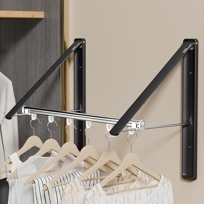 Folding Clothes Hanger Rack Wall mounted for Laundry Clothes Drying Rack | Foldable Hanger Rack Laundry Hanger Dryer Rack, Easy to Install, Closet Storage Organization, Space Saving Black, 2 pcs &1Rod