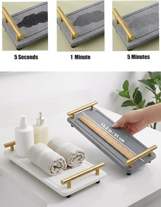 Instant Dry Sink Caddy Organizer,Diatomaceous Earth Bathroom Organizer with Handle Water Absorbing Stone Tray for Sink Water Absorbent Diatomite Coasters (S White Gold Handle)
