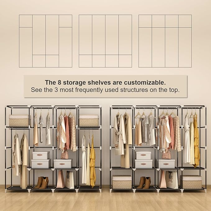 67" Portable Wardrobe Closet for Hanging Clothes, 8 Shelves 4 Rods & Cover