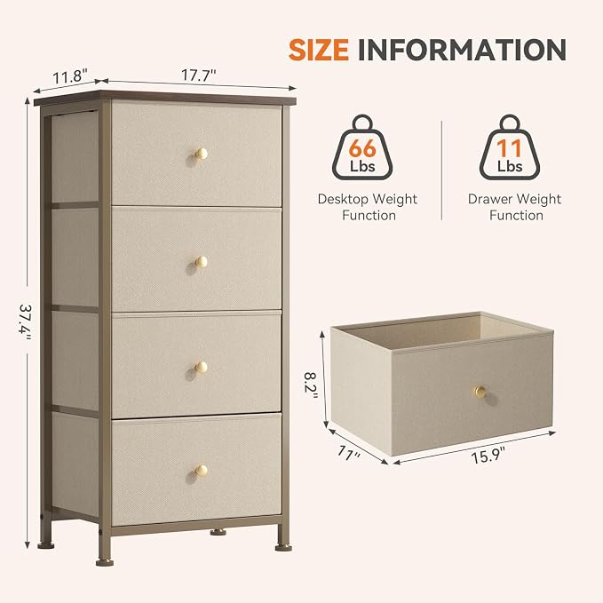 Sweetcrispy Dresser for Bedroom, 4 Drawer Storage Cabinet, Tall Nightstand | Small Fabric Dresser for Closet, Chest of Drawers, Closet Organizer, Home Furniture, Sturdy Frame, Khaki