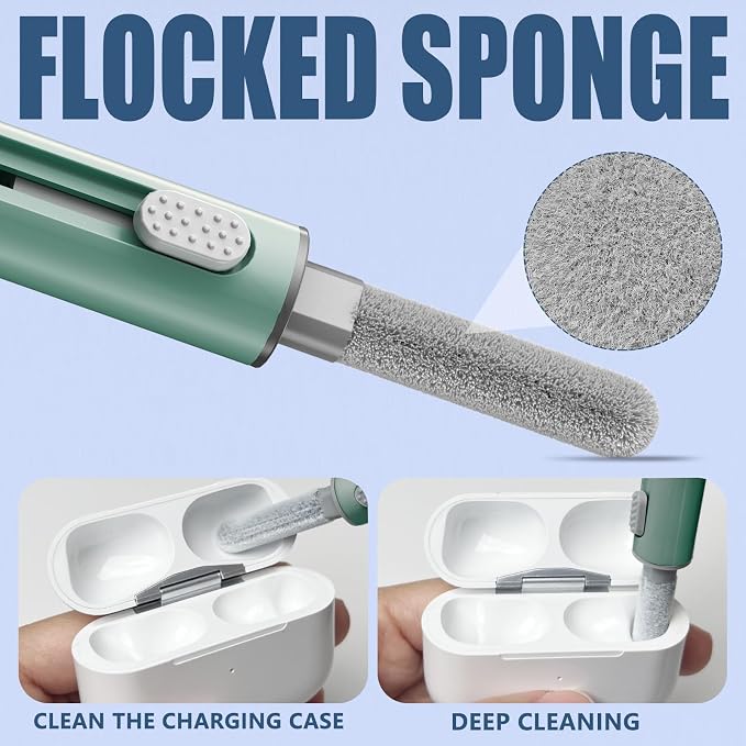 Inesore Multi Cleaning Kit for AirPods & All Bluetooth Earbuds (Green) | Metal Tip, High-Density Soft Brush, Flocked Sponge Tip, 3 in 1 Design, Compact & Lightweight, Easy Operation, Easy to Carry