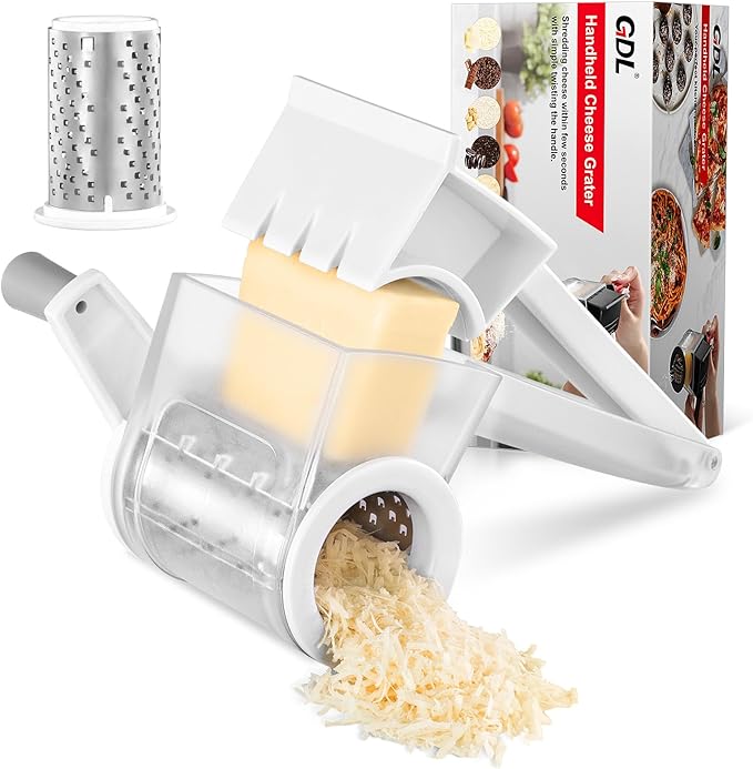 GDL Cheese Grater Hand Crank, Kitchen Rotary Grater Handheld, Dishwasher Safe Parmesan Cheese Grater with Stainless Steel Blade for Hard Cheese,Chocolate,Nuts (White+Grey)