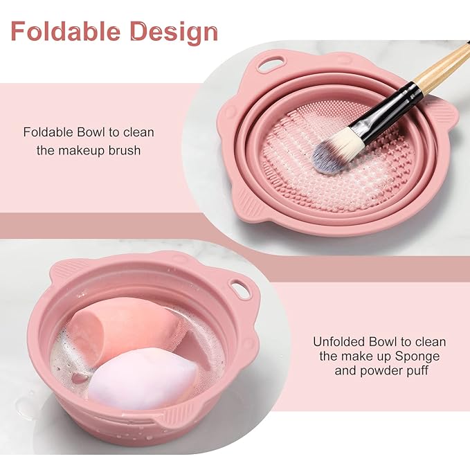Foldable Silicone Makeup Brush Cleaner Bowl | Portable Cleaning Tool For Brushes, Powder Puffs, Sponges (Pink)