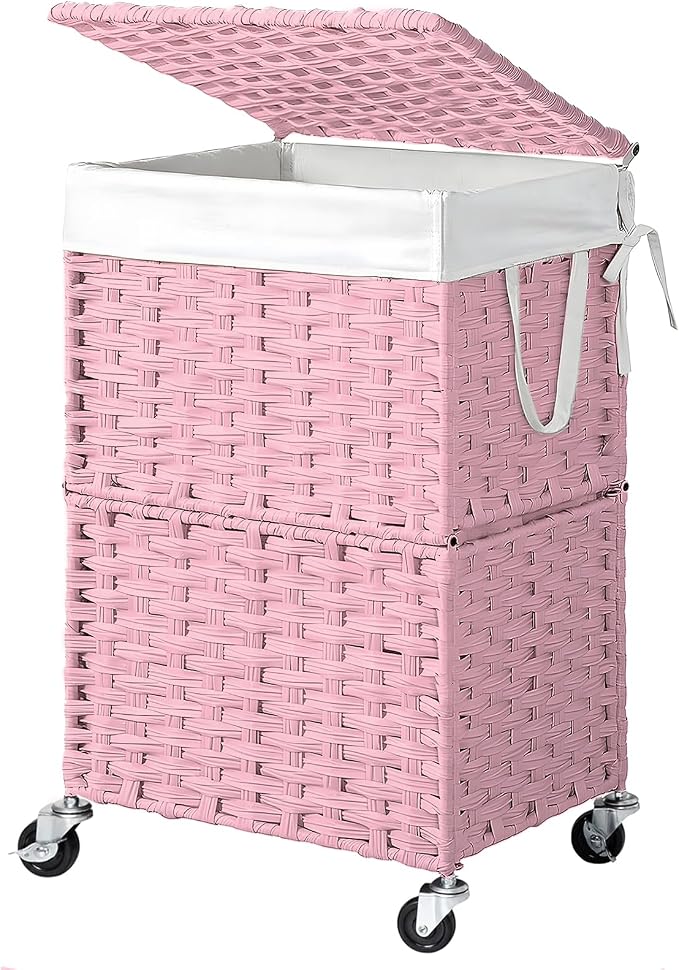 Chrislley Wicker Laundry Basket with Wheels,Rolling Laundry Hamper with Lid | 90L Slim Clothes Hamper with Wheels & Removable Liner Bag, Handwoven Rattan Laundry Organizer for Bedroom, Bathroom, Pink