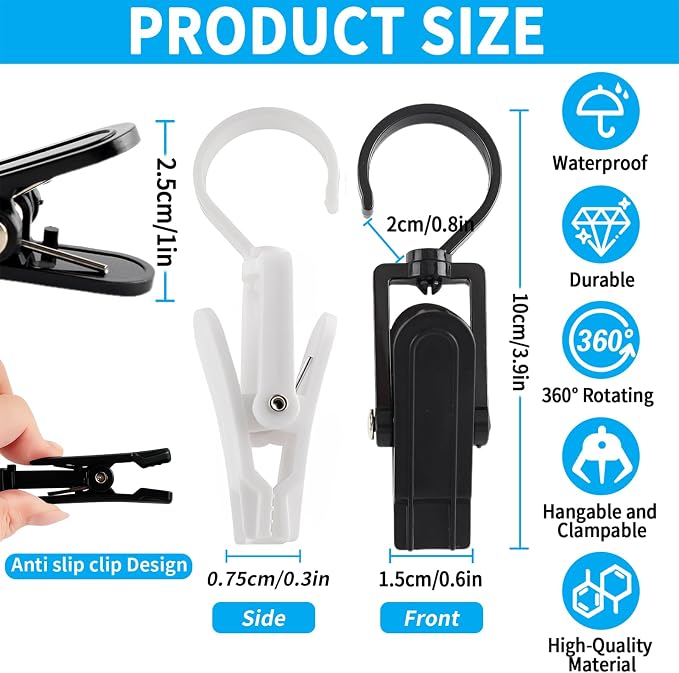 20 PCS Laundry Hooks with Clips Super Strong Plastic Home Travel Swivel Hanging Hanger Closet Organizer Clamps Socks Boot Bras Towels for Bathroom Wardrobe Kitchen - 4.3 Inches (Black+White)
