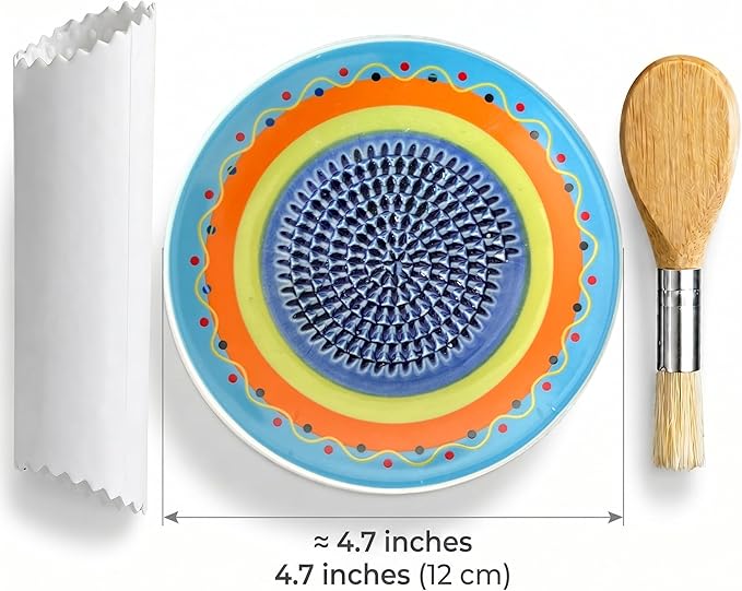 Handcrafted Ceramic Garlic Grater Plate 4-Pc Set, 4.72" Handmade Porcelain Grinding Dish with Wooden Boar Bristle Brush & Textured Silicone Peeler, Multicolor Spanish Wave